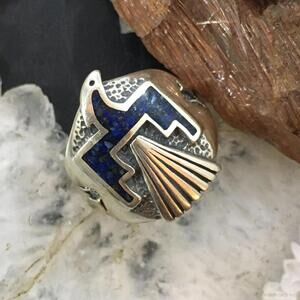 Carolyn Pollack Sterling Silver Lapis Chip Inlay Thunderbird Ring For Women